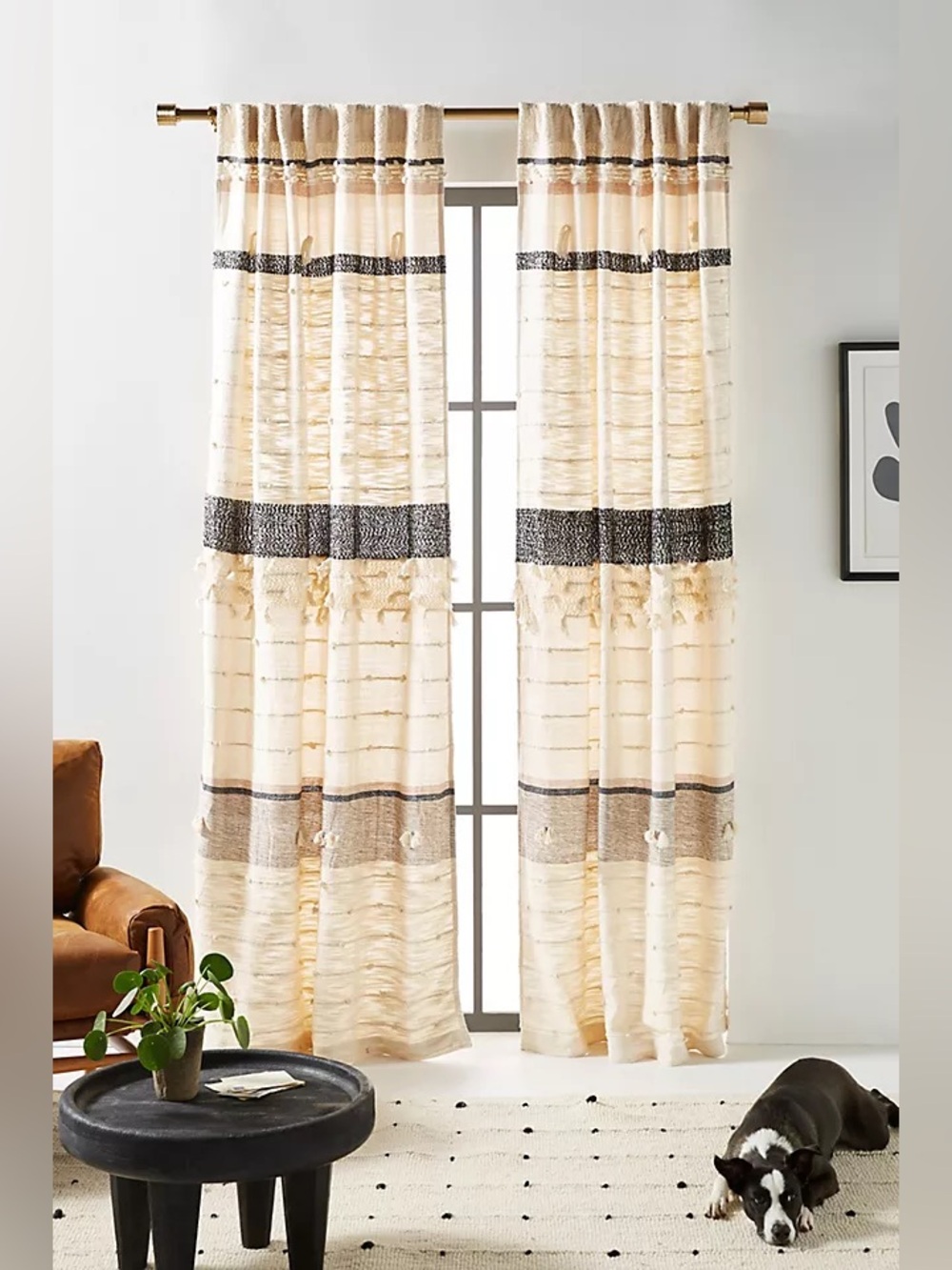 Anthropologie Cream and Black Boho Stripe Curtain Panel